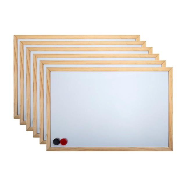 Office Works Petit Tableau Blanc Magnétique Effaçable à Sec en Bois, Ensemble de six, Chacun Encadré de Pin avec une surface Métallique Magnétique Blanche Mesurant 11,5 par 17,5 Pouces, Montré Empilé avec Deux Aimants sur le Tableau avant, Idéal pour le Bureau Ou la Salle de Classe.