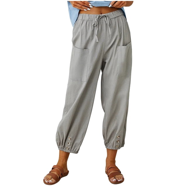 Pantalon en Coton et Lin pour Femmes, Habillé Décontracté, Taille Élastique, Couleur Unie, Bas Resserré, Pantalon de Survêtement, Pantalon Capri pour Femmes