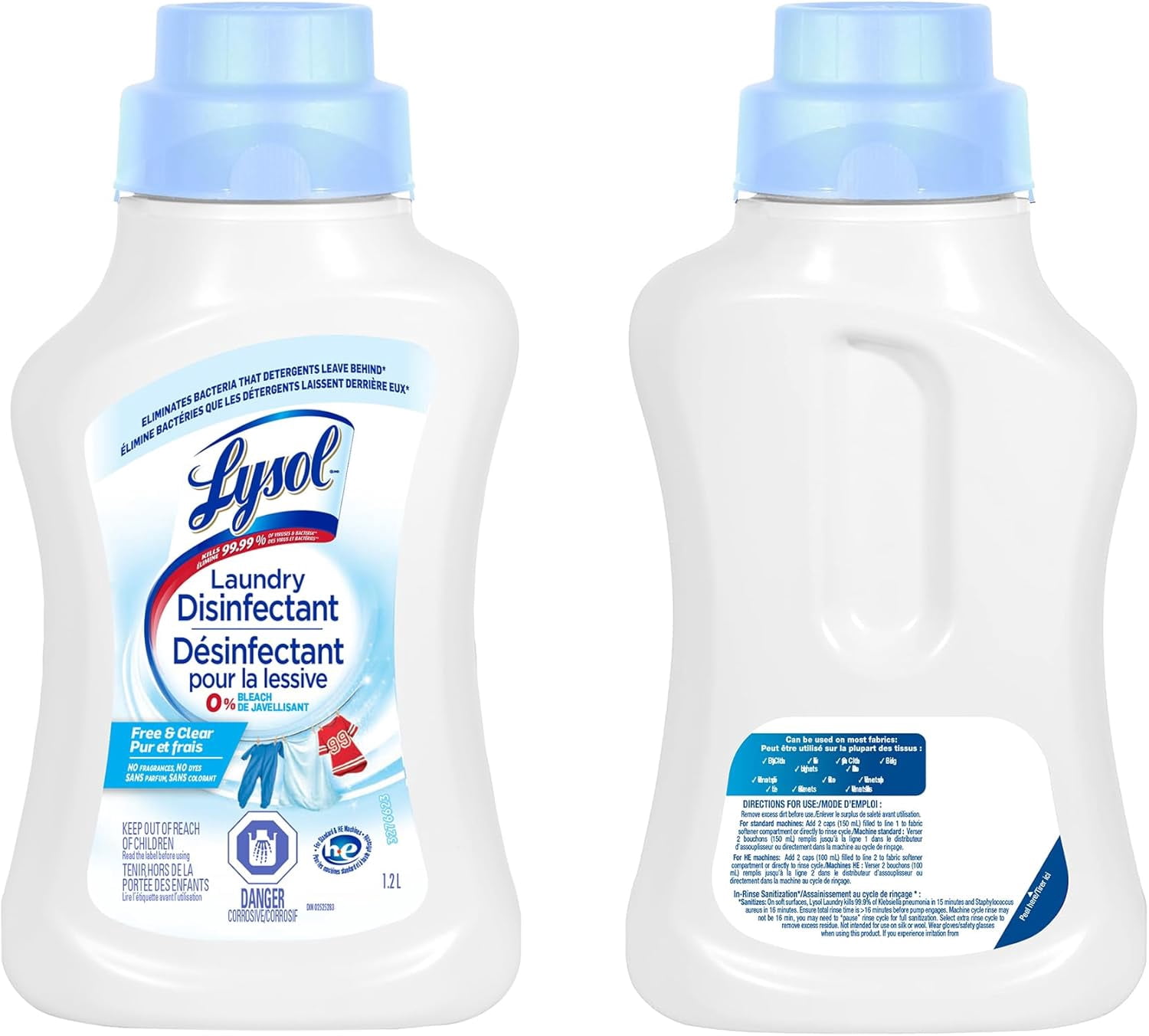 Lysol Désinfectant à lessive gratuit et transparent, sans parfum, sans colorants, 0 % d'eau de Javel, tue 99,9 % des virus et bactéries, 1.2 l