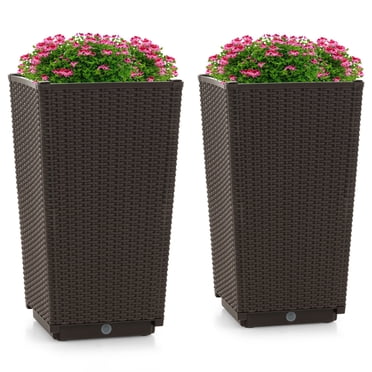 Costway 2 Pcs Pots de Fleurs en Osier d'Extérieur Jardinières de 22,5 Pouces de Haut avec Trou de Drainage Café