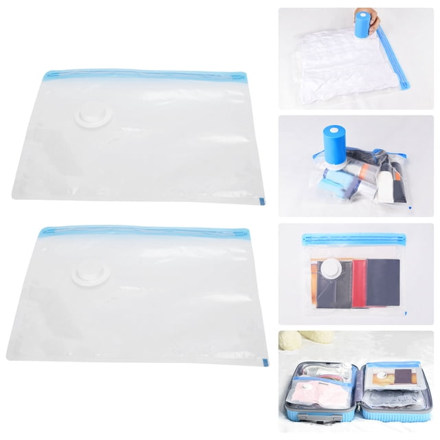 Keenso Sac sous Vide de Voyage, Ensemble de 2 Sacs de Rangement sous Vide Transparents avec une Entrée d'Air Filetée de 3,5 cm et une double Fermeture Éclair. Fabriqués en Matériaux PE et PA Durables, Ces Sacs Sont Résistants à l'Usure, Réutilisables et Dotés d'Une valve en silicone Anti-Fuite pour une compression Sécurisée. Convient au Rangement des Vêtements, des Chaussures et de l'Appareil Photo, Ainsi Qu'à l'Organisation des Valises et de la Chambre. Comprend Deux Sacs sous Vide; Pompe à Vide Non Incluse.
