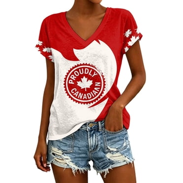 HJYCHN T-Shirts pour Femmes Fête du Canada Canadien Manches Courtes Col en V T-Shirt Patriotique Décontracté Hauts Décontractés pour Femmes Rouge Melon D\'eau_003 L