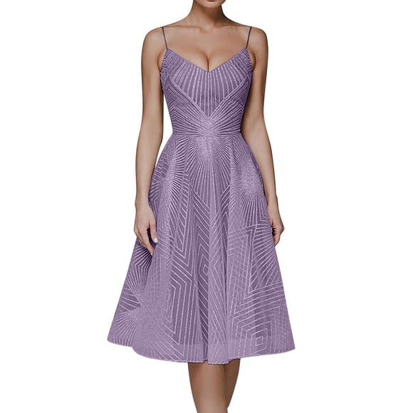Ketyyh-chn99 Party Dress for Women Cocktail Dress V-Neck Solid Party Dress Formal Swing Elegant Floral Dress Wedding Guest Purple,L