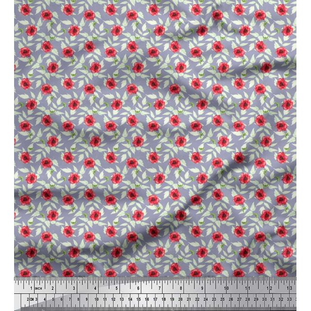 Soimoi Poly Georgette Fabric Leaves & Poppy Floral Fabric Prints By Yard 52 Inch Wide