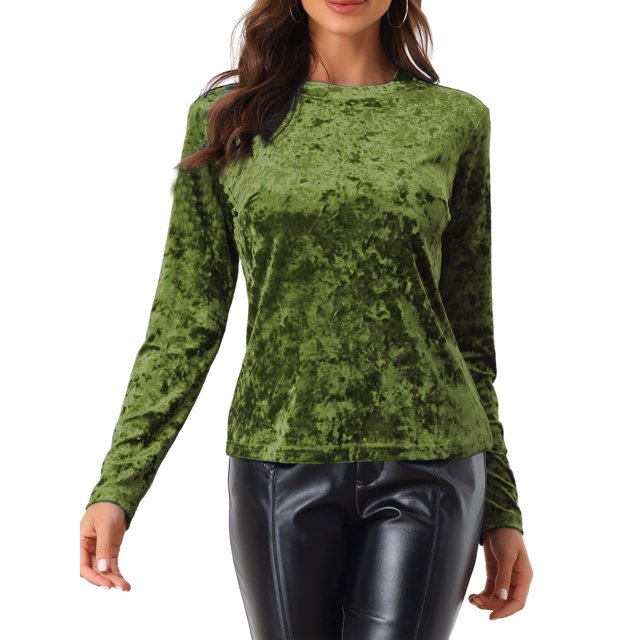 INSPIRE CHIC T-Shirts en Velours pour Femmes Col Rond Manches Longues Décontracté S Vert Pâle