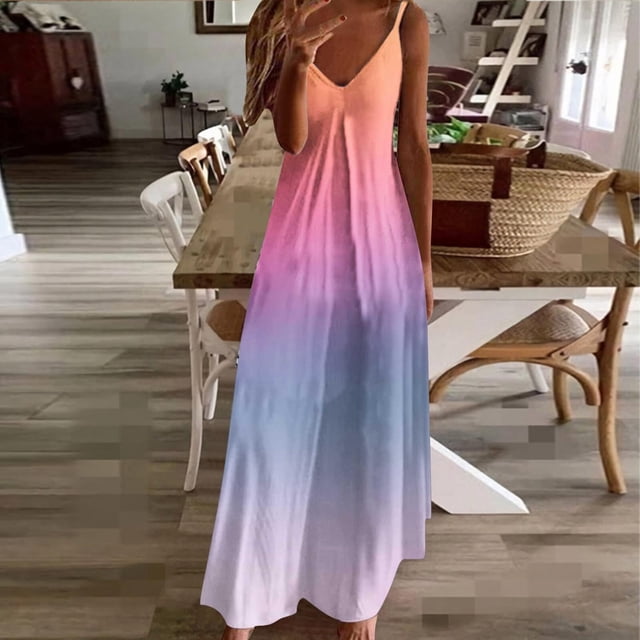 Hot6sl Économies d'Été Liquidation Camisole Sans Manches Robe Col en V, Robe Sans Manches Mode pour Femmes Bretelles Imprimées, Robe Femme/violet, TG