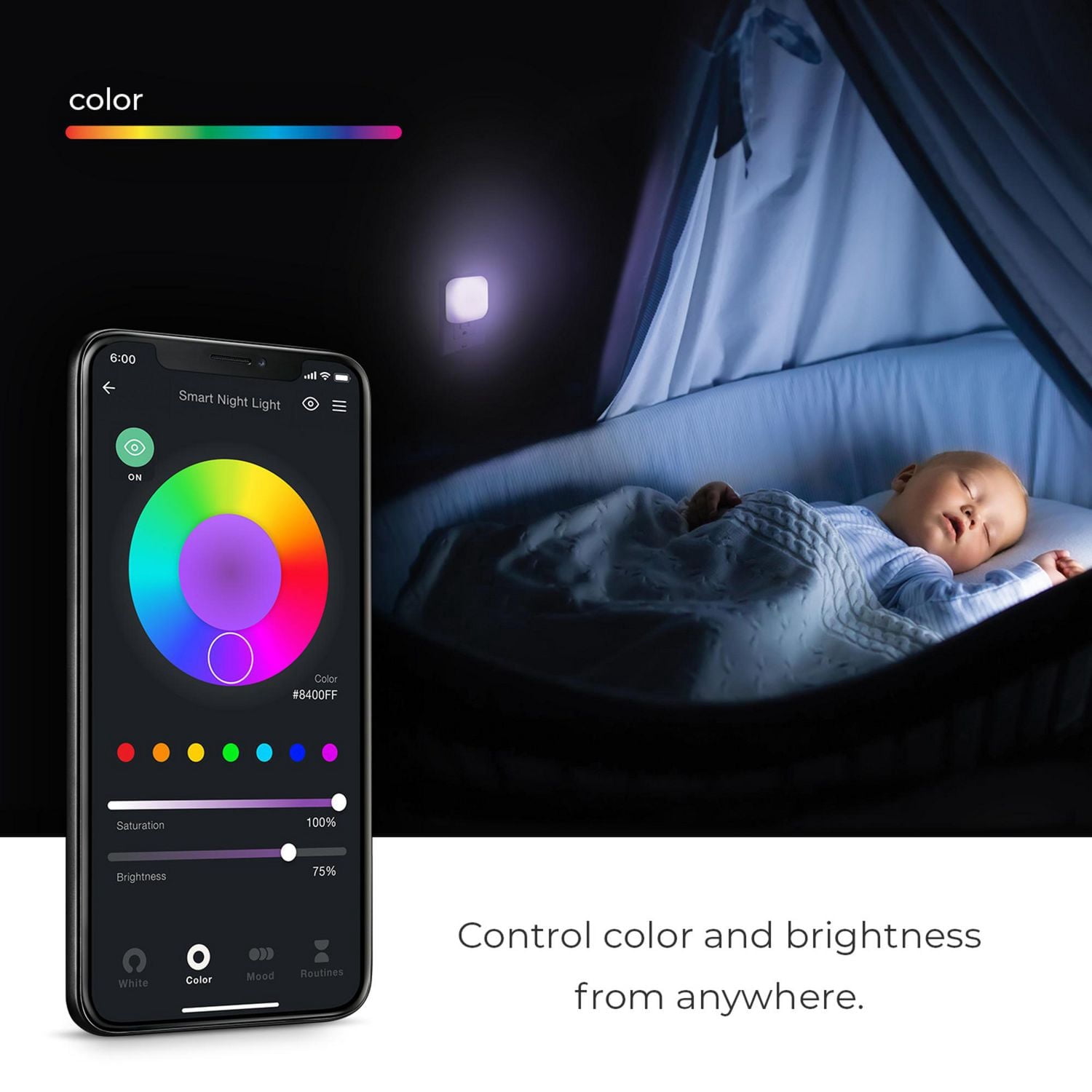 Wi-Fi Smart White Ambient Night Light with Motion Detection, No Hub Required, Voice Activated