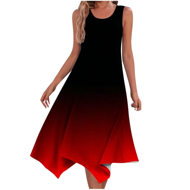 Yuyuzo Robe pour Femmes Sans Manches Décontractée Robe Débardeur Col Rond Robes de Plage Ourlet Irrégulier Robes Midi Fluides