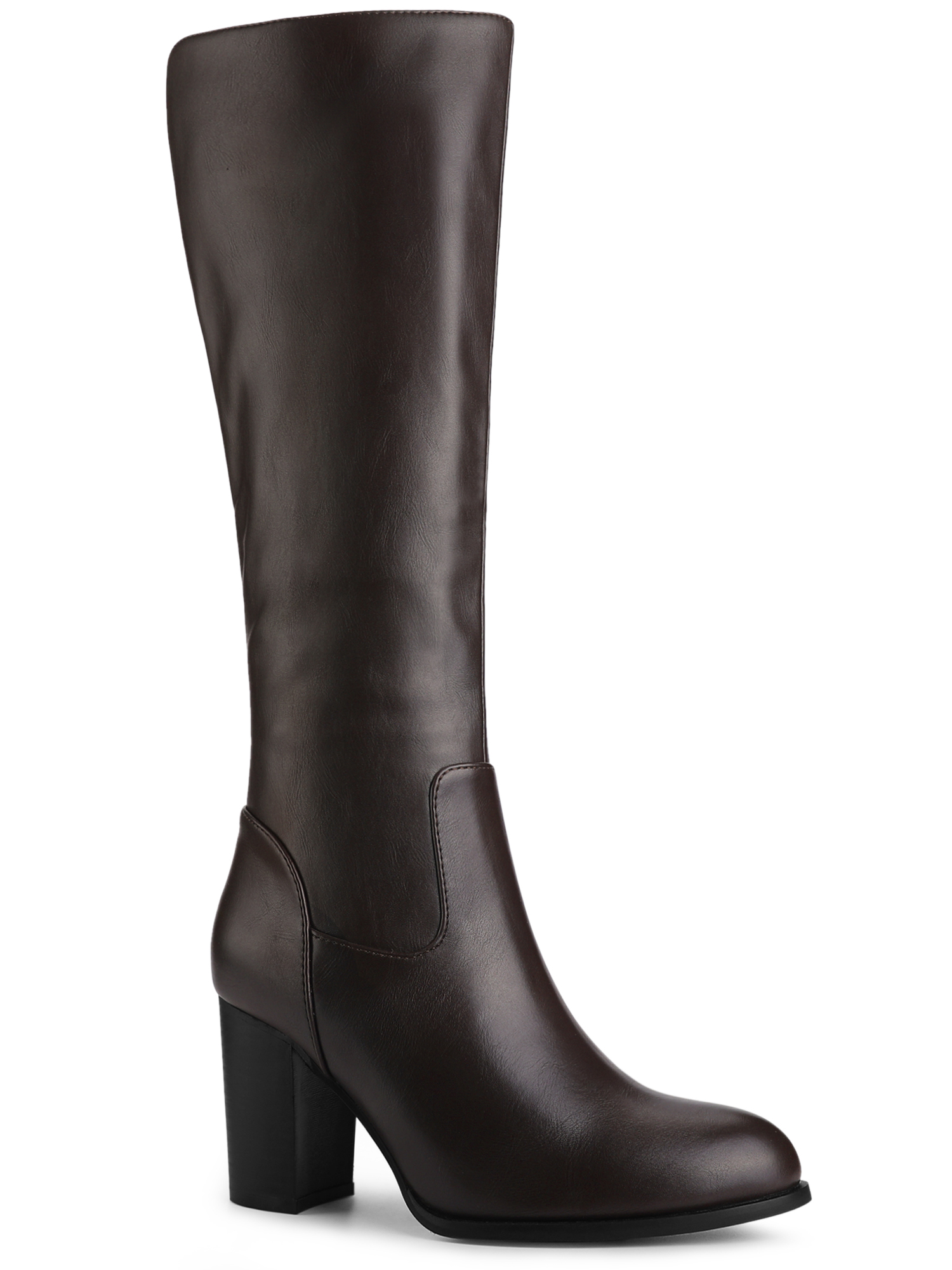 Unique Bargains Women's Round Toe Block Heeled Knee High Boots Coffee US 10