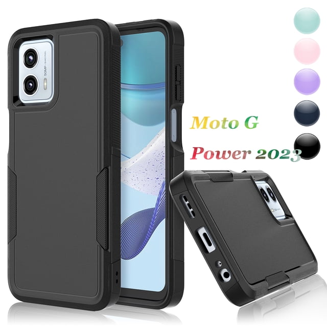 For Motorola Moto G 5G 2023 Phone Case, a black 2-in-1 hard PC and silicone skin cover offering rugged shockproof full-body protection. Features precise cutouts for ports, buttons, and camera, with a durable dual-layer design, four shock-absorption corners, and a waterproof surface for easy cleaning.