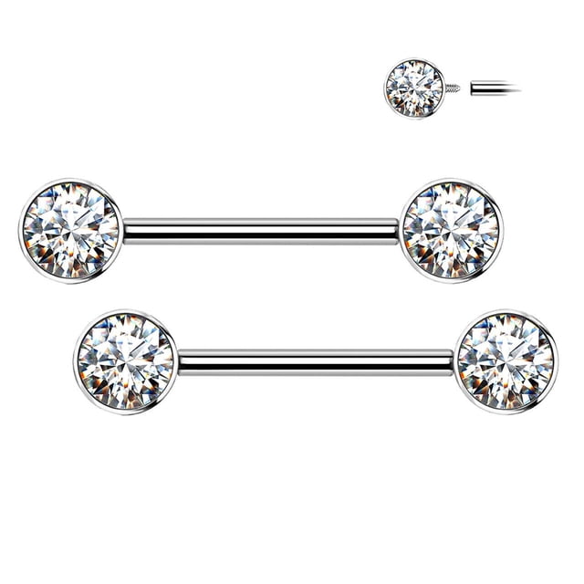 BodyJewelryOnline Nipple Barbell Implant Grade Titanium with CZ bezel Set Internally Threaded Women