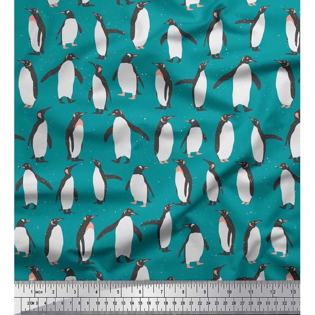 Soimoi Blue polyester Crepe Fabric Penguin Ocean Print Fabric by Yard 52 Inch Wide
