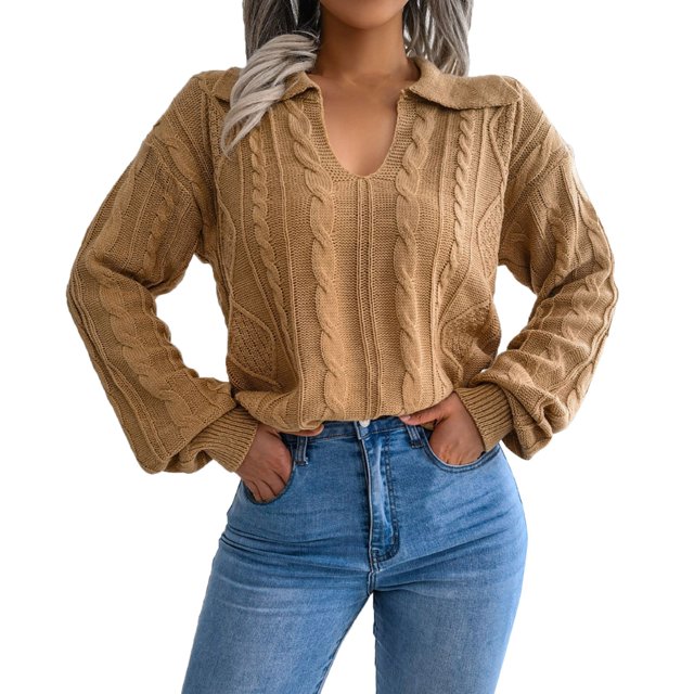 Wyzesi Chandails Grande Taille pour Femmes 2X Automne Manches Longues Col Rabattu Couleur Unie Tricot Décontracté Pull Oversize