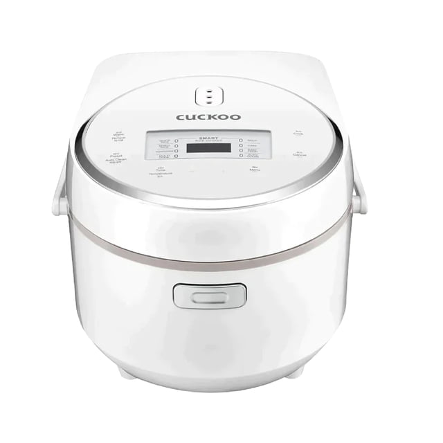 Cuckoo CR-0810F 8 Cup Micom Rice Cooker and Warmer in white, featuring a digital control panel on the lid and 9 menu options such as white rice, porridge, and soup. Includes Micom technology for precise cooking, a nonstick inner pot, and an auto-clean function. Offers 16 rice texture options and is ideal for small to medium households.
