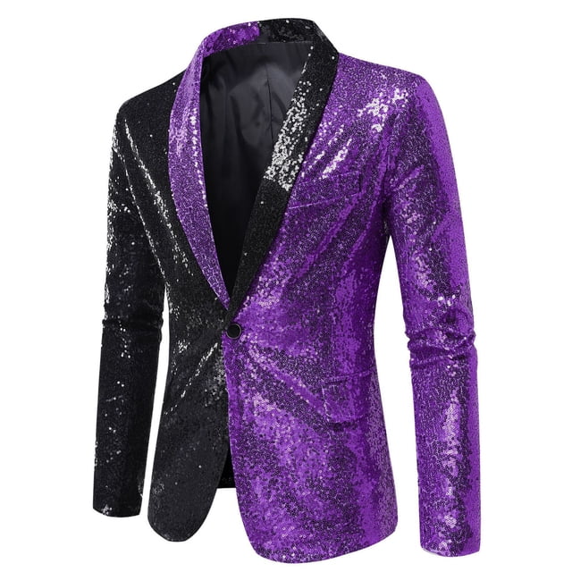 XZNGL Mens Color Matching Sequin Suit, One Button Dress, Performance Suit, Long Sleeved Lapel Collar Suit Jacket Coat Blazer