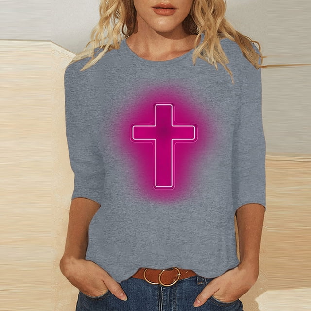 EGNMCR Easter T-Shirt Imprimé Graphique T-Shirts pour Femmes Chemises pour Femmes Mode Femme Décontracté Noël Imprimé Col Rond Blouse Imprimée Manches 3/4 T-Shirt Blouses T-Shirt pour Femmes