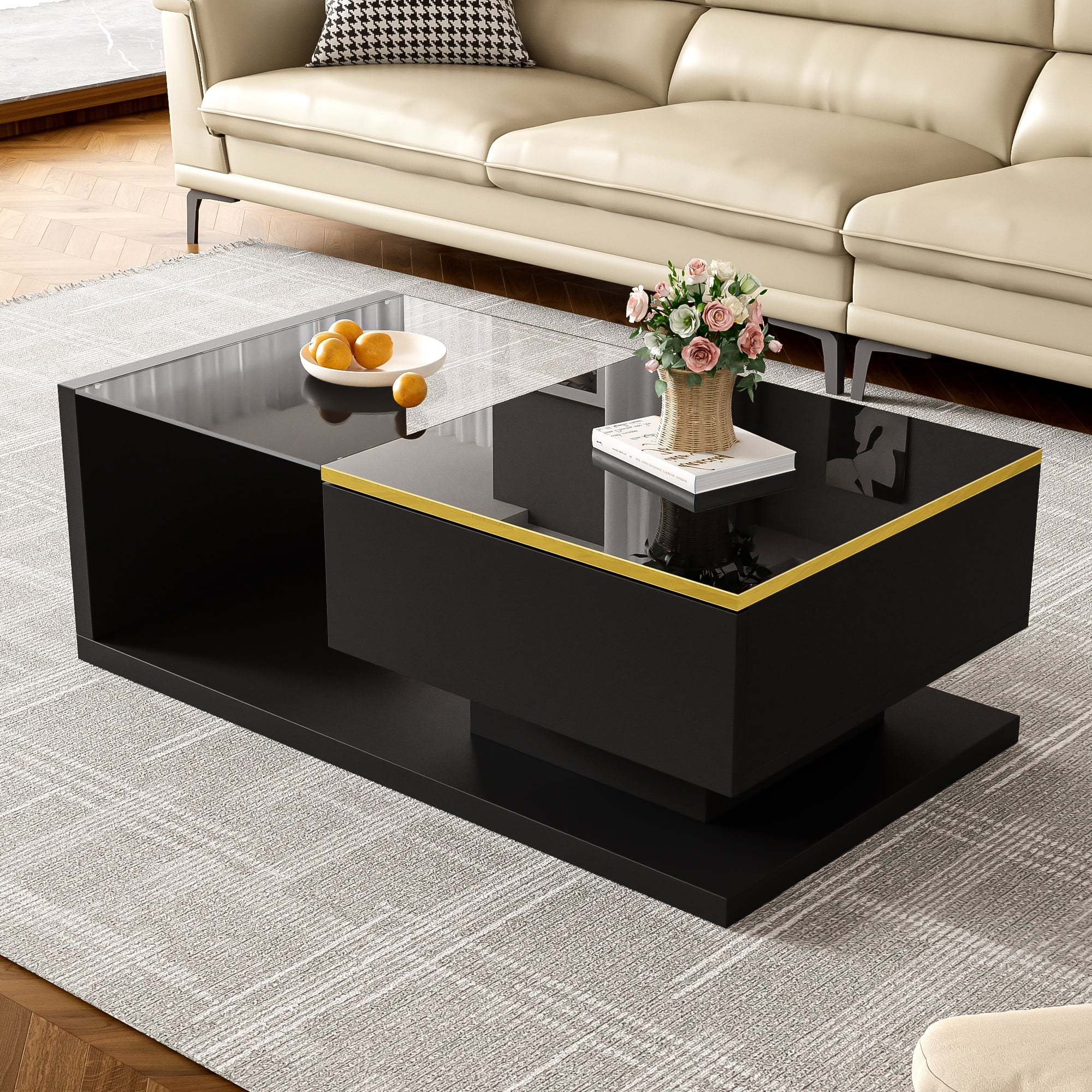 Noble House 39.4" High-Gloss Black Coffee Table, Tempered Glass with Dimmable LED, Storage Compartment & Open Shelves,Black