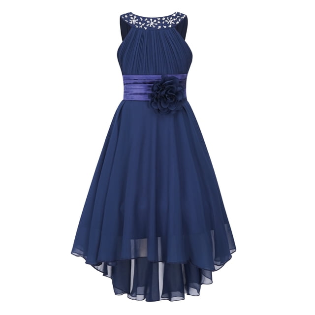 Aislor Robe Fleurie en Mousseline Asymétrique pour Filles, Enfants, Froncée, Sans Manches, Perlée, Mariage, Demoiselle d'Honneur, Robe Formelle, Bleu Marine, 6