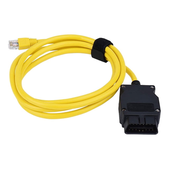 Ethernet to OBD interface cable for BMW ENET, featuring a 6.5ft yellow cable with a durable rubber and ABS build. The cable includes an OBD connector on one end and an Ethernet connector on the other, suitable for BMW F-series models such as 1-er F20, 3-er F30, and X5 F15. Designed for use with E-SYS, INPA, and ISTA software, it offers strong signal transmission and green insulation for interference shielding.