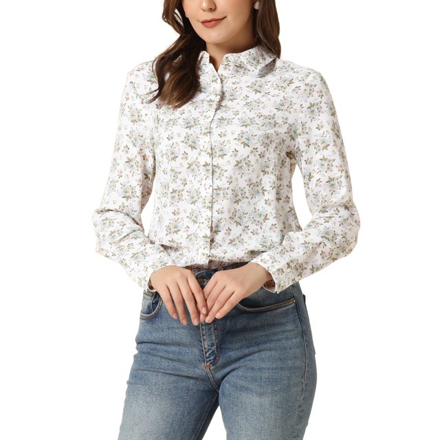 INSPIRE CHIC Chemise Boutonnée pour Femme à Petites Fleurs à Manches Longues Col en Pointe Haut de Bureau S Blanc1