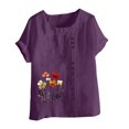 thumbnail image 4 of QATAINLAV T-Shirts pour Femmes à Imprimé Floral, Hauts en Lin Graphiques, Décontractés, Coupe Ample, Tunique à Col Rond, Chemise d'Été à Manches Courtes, T-Shirts Grande Taille avec Boutons, Soldes Aujourd'hui, Violet TTG, 4 of 5