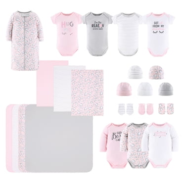 Coffret-cadeau de Layette pour Bébé Fille / Ensemble de 23 Pcs Vêtements et Accessoires pour Fille / Convient aux Tailles P à 3 Mois / Imprimé Léopard Rose