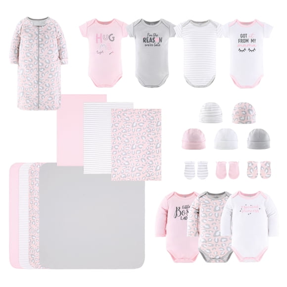 Layette Gift Set for Baby Girls | 23 Piece Girl Clothes & Accessories Set | Fits s to 3 Months | Pink Cheetah Animal Print
