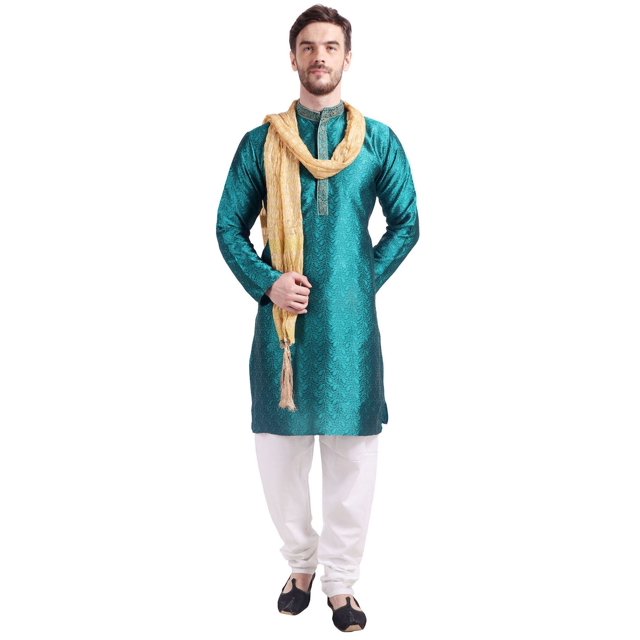 Tenue de Fête de Mariage Indienne Kurta Pyjama pour Homme avec Foulard (Vert, G)