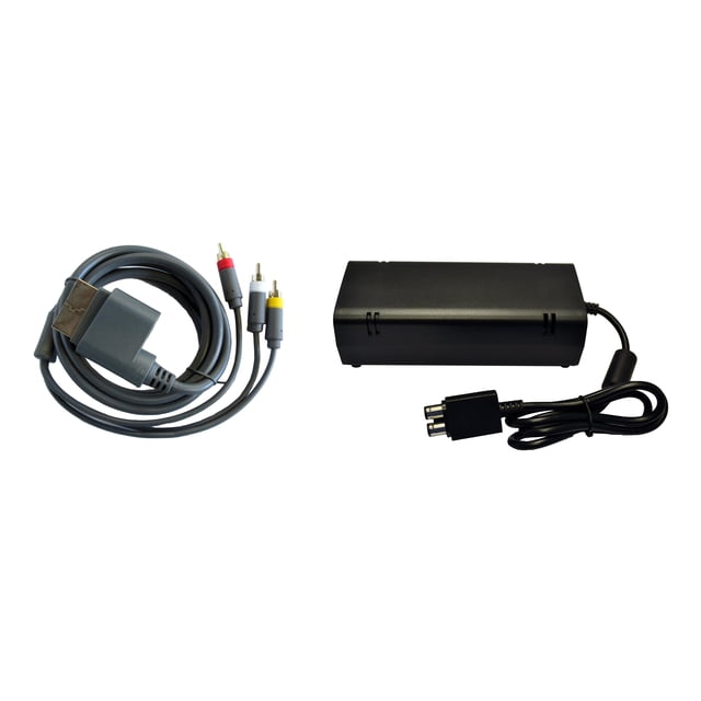 XBox 360 Slim Parts Bundle by Mars Devices, including a grey AV cable with red, white, and yellow connectors and a black power adapter with a dual-pin connector. Essential gaming accessories for restoring your XBox 360 console's functionality.