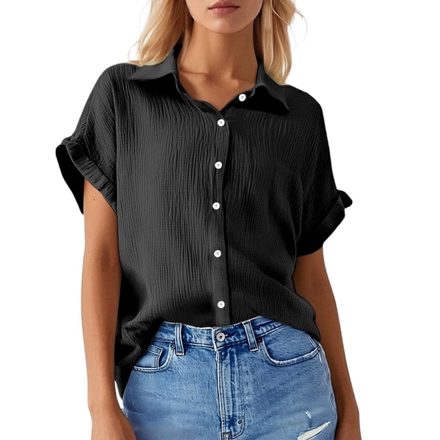 Women's Solid Color Casual Batwing Sleeve Button Pocket Short Sleeve Shirt