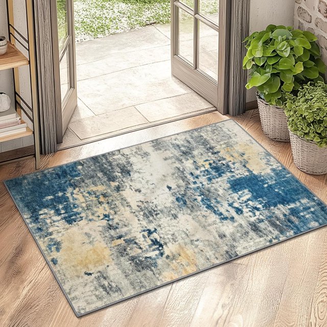 KIRFEIHT Tapis Moderne Abstrait Petit Tapis 2x3 Tapis Lavable à la Machine Tapis de Cuisine Antidérapant Tapis Résistant aux Taches pour Entrée Gris Bleu