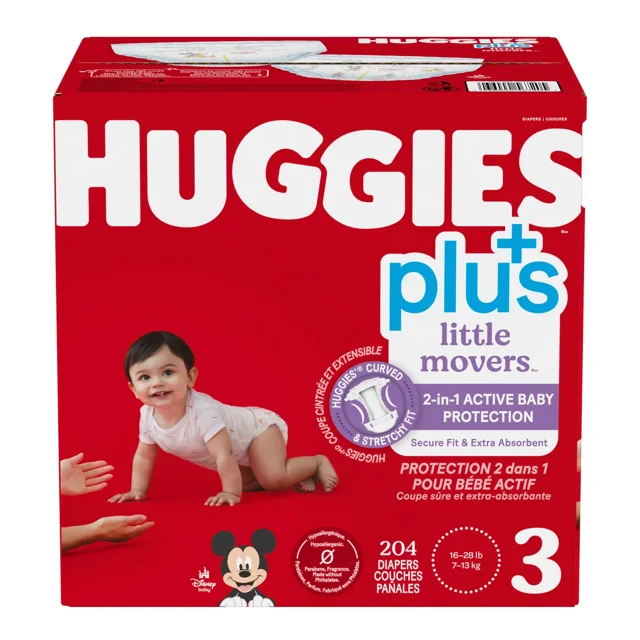 Huggies Little Movers Plus Couches pour Bébé, Taille 3, Lot de 204, Présentées dans une Boîte Rouge avec Motif Disney Mickey Mouse. Caractéristiques Incluant protection active 2-en-1 pour Bébé, Ajustement Sécuritaire et Absorption Accrue pour une Utilisation Jour et Nuit. Convient aux Bébés de 16 à 28 Lb (7 à 13 kg).