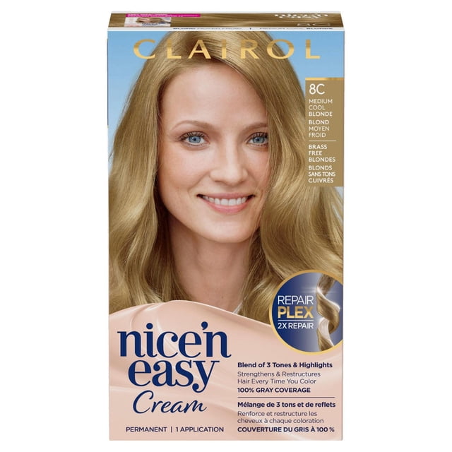 Clairol Nice'n Easy Teinture Capillaire Permanente en 8C Blond Moyen Frais, Présentant un Mélange de 3 Tons et Mèches avec RepairPlex pour une Réparation 2x, Offrant une Couverture des Cheveux Gris à 100 % et une Couleur Crème Permanente d'Apparence Naturelle en une application.