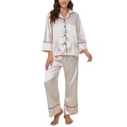 GDREDA Women Pajamas's Classic Button Down Long Satin Silk Pajama Set Women Pajama Sets pyjamas Beige,L