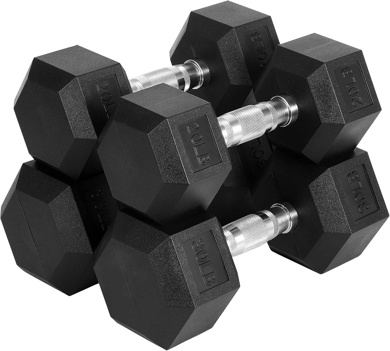 Hex Dumbbell Set - 100 lbs Total (2x20 lb + 2x30 lb) - Rubber/PVC Encased Anti-Slip Grip - Odorless & Anti-Roll Design - Home Gym Strength Training for Men & Women (Black)