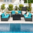 thumbnail image 4 of Patiojoy 9 PCS Rattan Dinning Set Wicker Sofa w/Propane Gas Fire Pit 60,000 Btu Heater Turquoise, 4 of 10