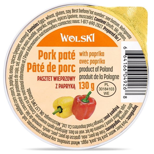 Wolski Pork Pate w Paprika 130 g round container label with red and yellow bell pepper images, bilingual English and French text, ingredient and nutritional details, a Polish specialty spread rich in iron and vitamin A, ideal for pantry food and specialty spreads.