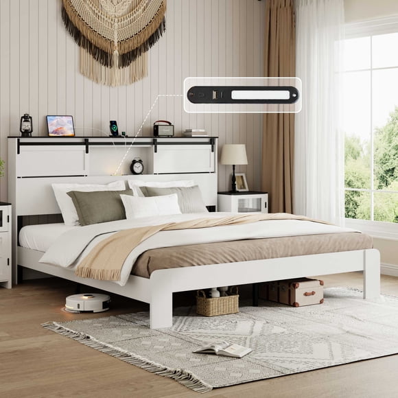 Queen Size Bed Frame with with Storage Bookcase Headboard, Farmhouse Wood Platform Bed Frame with Sliding Barn Door, Rustic Wooden Queen Bed Frame with Charging Station,Platform Bed Frame, White