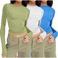 thumbnail image 1 of AherBiu 3pc Women Long Sleeve Shirts Basic Slim Fittd Trendy Cropped Tops Fall Underscrubs Layer Going out Top, 1 of 2