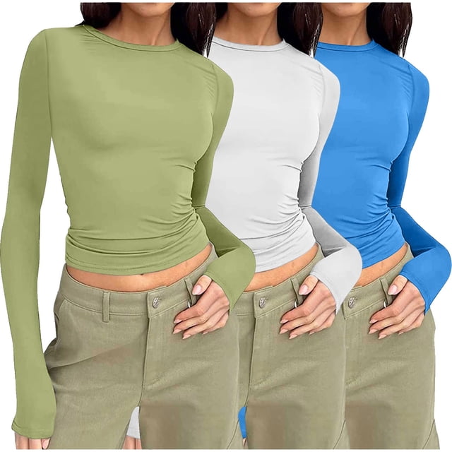 AherBiu 3pc Women Long Sleeve Shirts Basic Slim Fittd Trendy Cropped Tops Fall Underscrubs Layer Going out Top