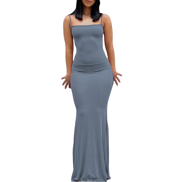 QJUHUNG Femmes Couleur Unie Robe Longue Sexy Bodycon Extensible Maxi Dame Printemps Automne Été Spaghetti Robe de Sangle
