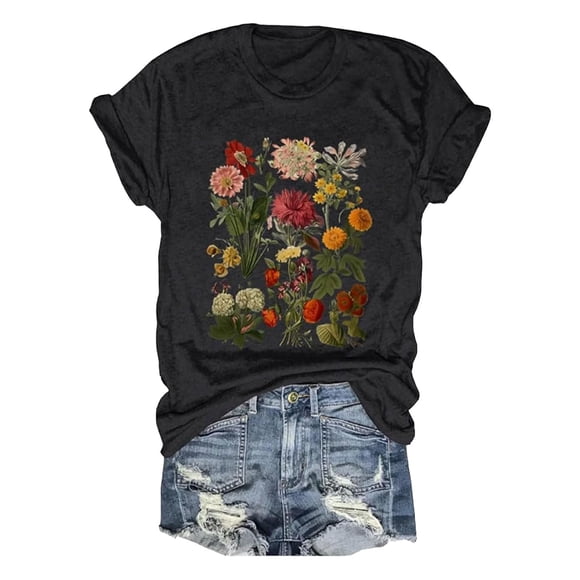 LUOGENLI T-shirts pour Femme pour Femmes T-Shirt à Col Rond à la Mode Décontracté à Imprimé Floral Haut à Manches Courtes T-Shirt T-shirts pour Femmes T-shirts Graphiques T-shirts Vintage de la Saint-Valentin Noir P