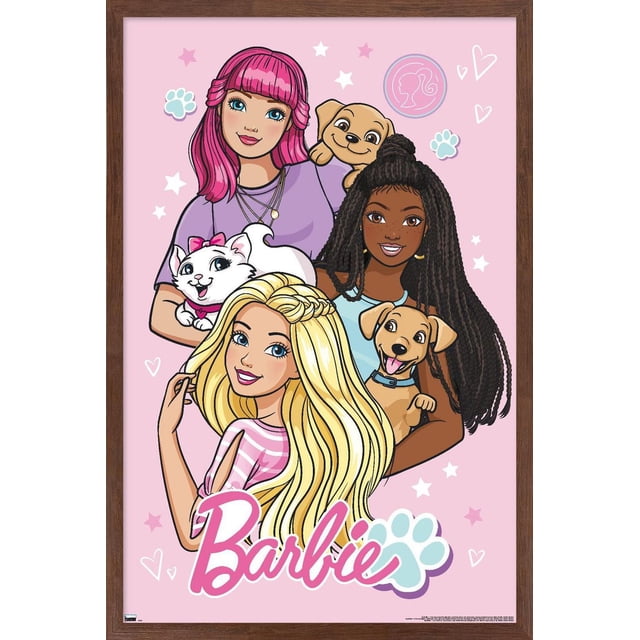 Mattel Barbie - Cute Wall Poster, 22.375" x 34" depicting three girls with varied hairstyles and skin tones holding two playful puppies and a white cat, set on a pink background with stars, hearts, paw prints, and the Barbie logo, suitable for decorating kids' rooms or play areas.