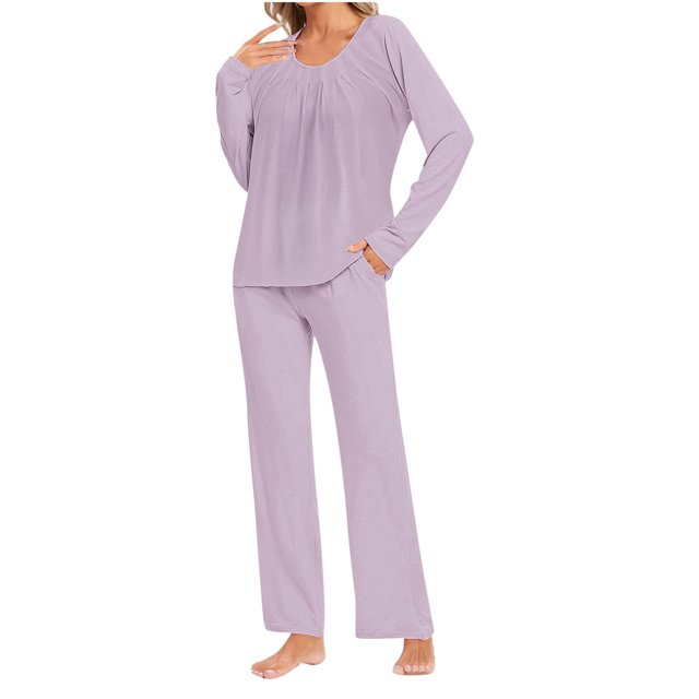 Timegard Ensembles de Pyjamas pour Femmes Confortables, Haut à Manches Longues Froncé à Col Rond et Pantalon, Tenues de Pyjama Amples pour l'Automne