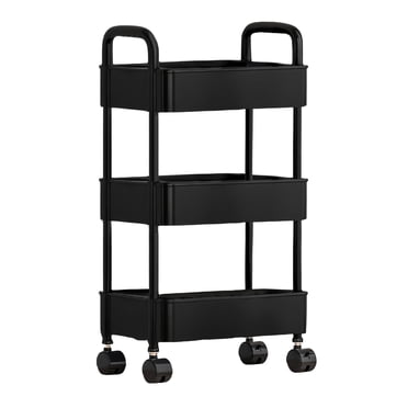 Staron 3 Tier Rolling Cart with Wheels, Plastic Rolling Utility Cart with Handle, Multi-functional Storage Trolley for Office, Living Room, Kitchen, Black Movable Storage Organizer