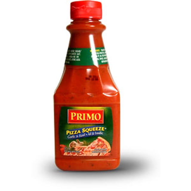 Primo Pizza Squeeze Garlic & Basil 375ml in a clear plastic squeeze bottle with a red cap and green label featuring the Primo brand and pizza slice image, designed for easy pizza sauce application and also suitable for adding garlic basil flavor to bread or pasta.