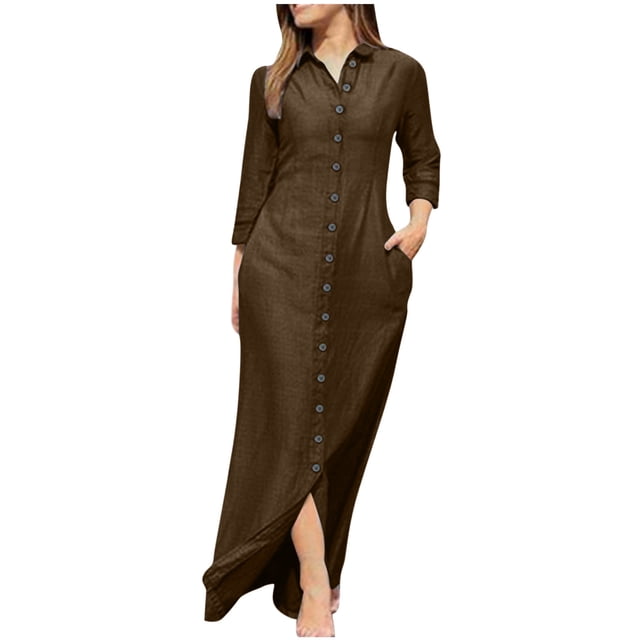 cfhntfmh Robes Maxi pour Femmes Décontractées d'Automne à Col, Manches Longues, Chemises Boutonnées, Robe Douce en Coton et Lin