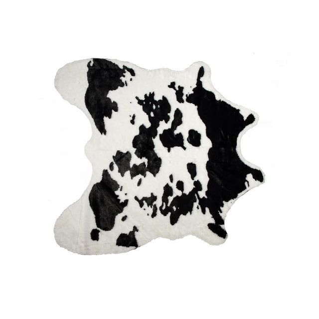 H-Luxe Faux Fur Cowhide Rug with black and white spotted pattern and irregular shape, made from soft acrylic plush, designed as an indoor area rug suitable for beds or sofas.