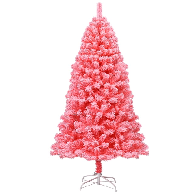 Patiojoy Pink Christmas Tree 6.5 Ft Xmas Decoration Tree w/ 884 Snow Flocked PVC Tips & Metal Stand