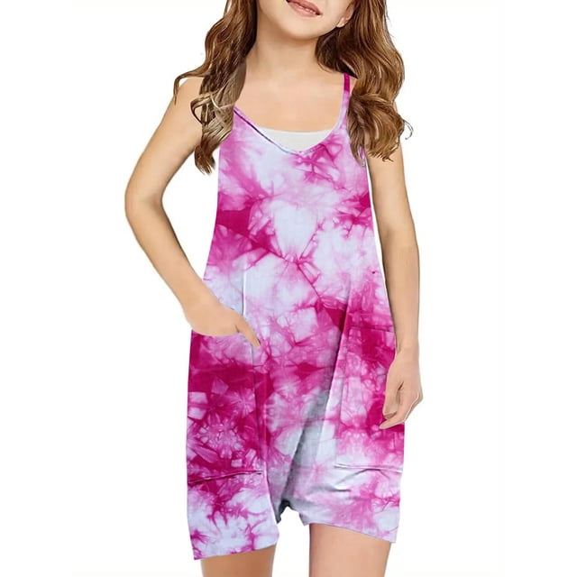 LSLJS Girls Summer Sleeveless Casual Romper Spaghetti Strap Shorts Jumpsuit With Pockets, Girls' Jumpsuits & Rompers Summer Clothes